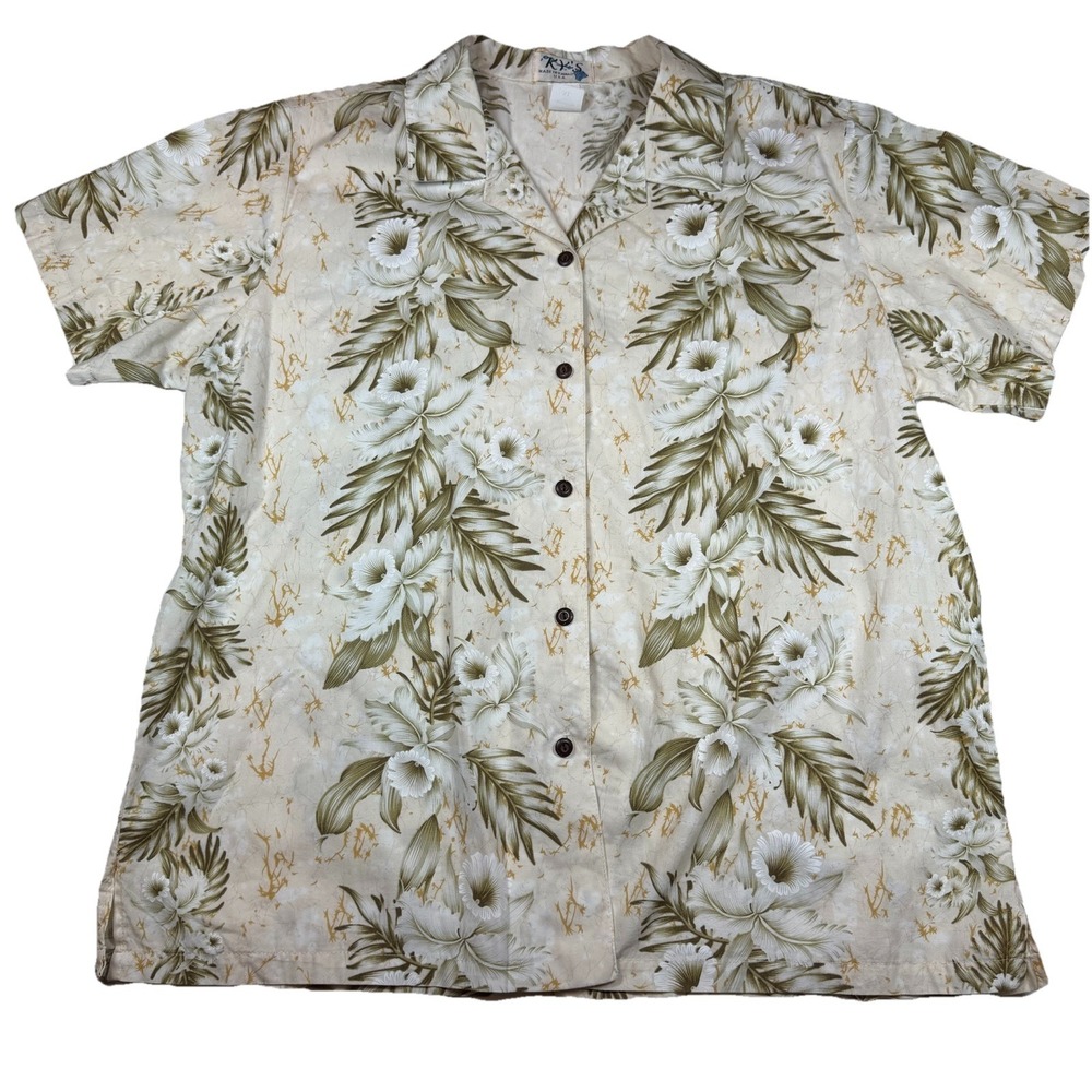 Ky's Hawaiian Shirt‎ Women's XL Beige Floral Fauna GUC Made In USA Hawaii